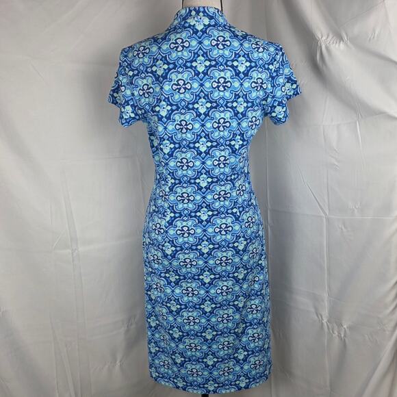 J McLaughlin Dress Womens XS Blue Green Retro Print Short Sleeve V-Neck Midi - Picture 4 of 10